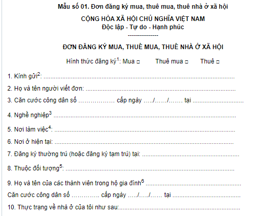 Mẫu đơn đăng ký mua thuê mua thuê nhà ở xã hội dành cho cán bộ, công chức, viên chức đã kết hôn
