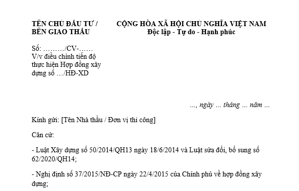 Mẫu công văn điều chỉnh tiến độ thực hiện hợp đồng xây dựng do điều chỉnh dự án, phạm vi công việc
