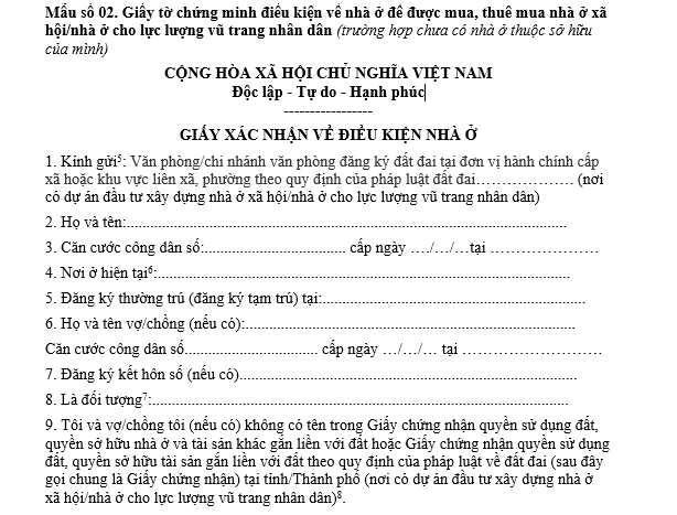 Mẫu 02 Giấy xác nhận về điều kiện nhà ở để được mua nhà ở xã hội dành cho công nhân, người lao động chưa có nhà ở