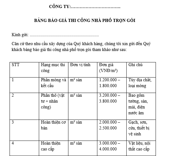 Mẫu bảng báo giá thi công nhà phố file word mới nhất?
