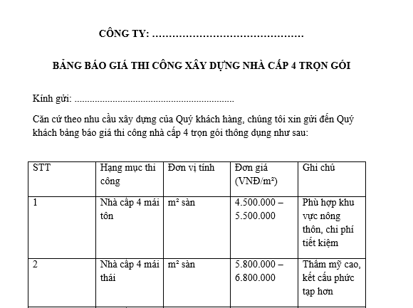 Mẫu Bảng báo giá thi công xây dựng nhà cấp 4 trọn gói