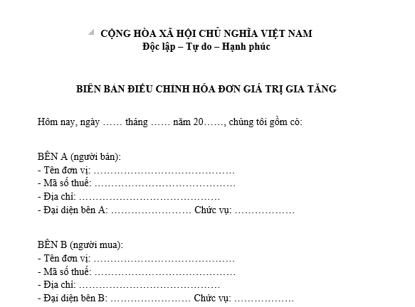 Mẫu biên bản điều chỉnh hóa đơn điện tử đã lập sai thuế suất, tiền thuế? T
