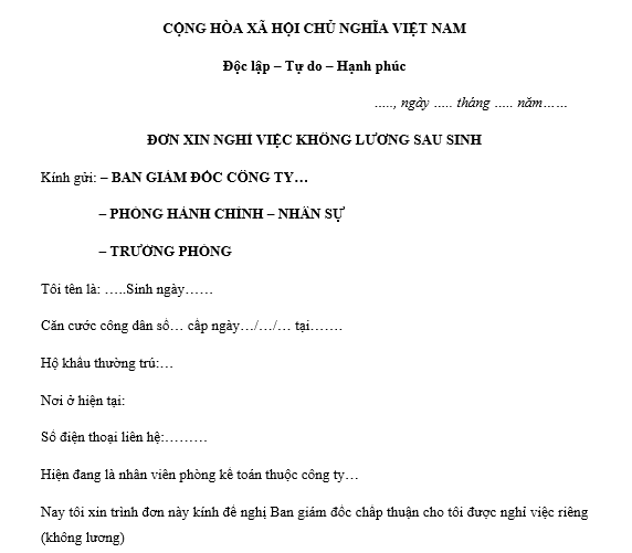 Mẫu đơn xin nghỉ không lương sau khi sinh con cho lao động nữ? Thời gian nghỉ không lương có được tính trợ cấp thôi việc?