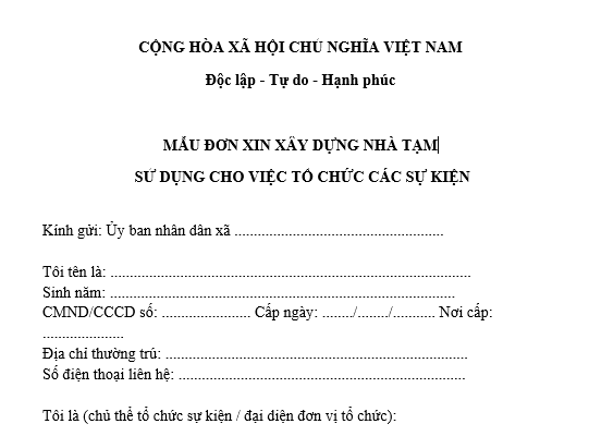 Mẫu đơn xin xây dựng nhà tạm sử dụng cho việc tổ chức các sự kiện gửi Ủy ban nhân dân xã