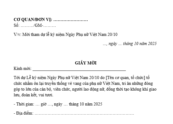 Mẫu Giấy mời tham dự lễ kỷ niệm Ngày Phụ nữ Việt Nam 20 tháng 10? 20 tháng 10 là ngày lễ lớn tại Việt Nam đúng không?