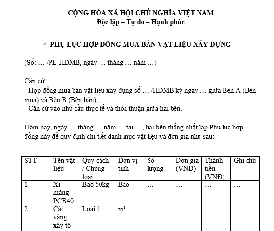 Mẫu Phụ lục danh mục vật liệu xây dựng và đơn giá kèm theo hợp đồng mua bán thông dụng?Tải mẫu?