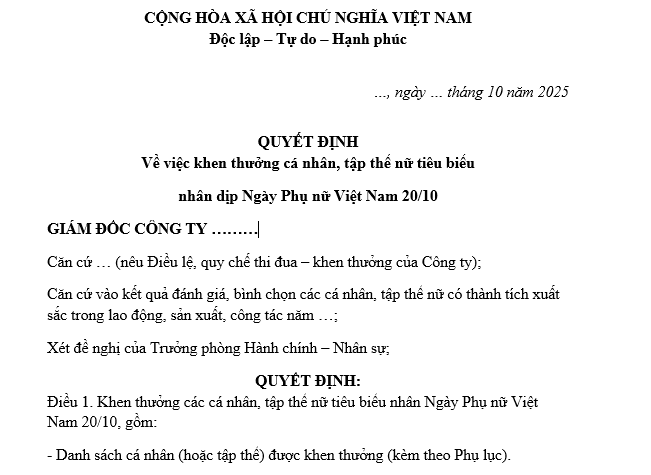 Mẫu Quyết định khen thưởng nhân ngày 20 tháng 10 cho cá nhân, tập thể nữ tiêu biểu của công ty? Tải mẫu? 