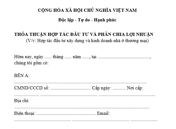 Mẫu thỏa thuận phân chia lợi nhuận khi hợp tác đầu tư xây nhà ở thương mại?