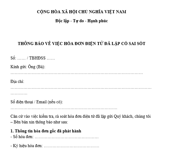 Mẫu thông báo điều chỉnh hóa đơn điện tử đã lập có sai sót gửi người mua là cá nhân
