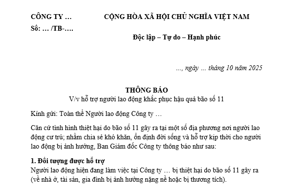 Mẫu thông báo hỗ trợ người lao động khắc phục hậu quả bão số 11 dành cho doanh nghiệp