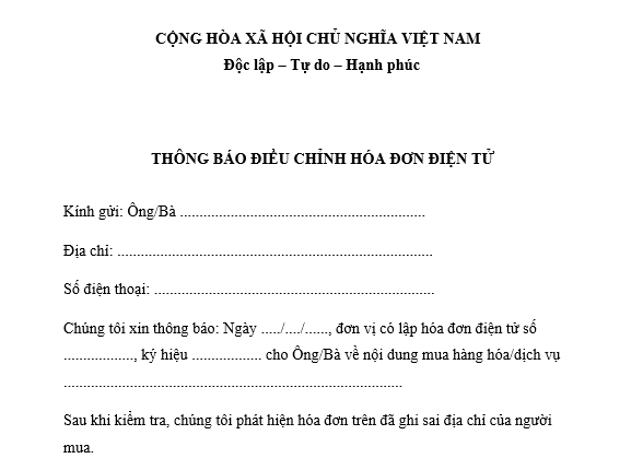 Mẫu Thông báo hóa đơn điện tử đã lập sai địa chỉ của người mua? Lập hóa đơn chỉ sai địa chỉ người mua có bắt buộc lập lại hóa đơn không?
