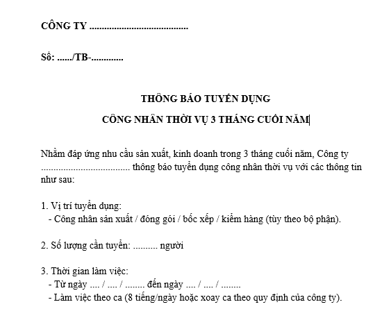 Mẫu thông báo tuyển dụng công nhân thời vụ 3 tháng cuối năm