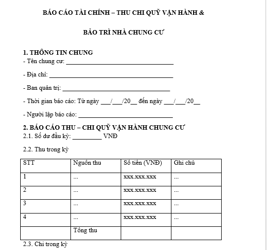  Mẫu báo cáo tài chính, thu chi quỹ vận hành, bảo trì nhà chung cư