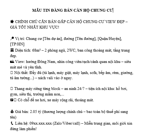 Mẫu tin đăng bán căn hộ chung cư thu hút khách hàng