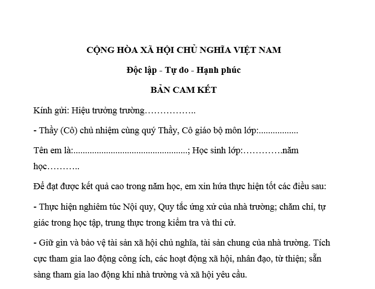 Bản cam kết chung học sinh và phụ huynh