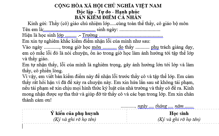  Mẫu bản kiểm điểm nói chuyện trong giờ học dành cho học sinh các cấp