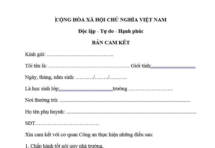 Bản cam kết học sinh thực hiện nội quy nhà trường