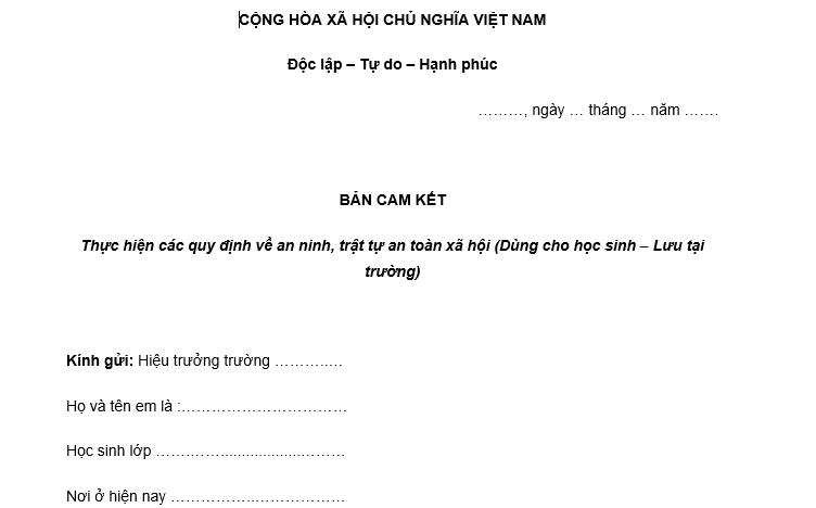  Mẫu bản cam kết an ninh trật tự của học sinh lưu trú