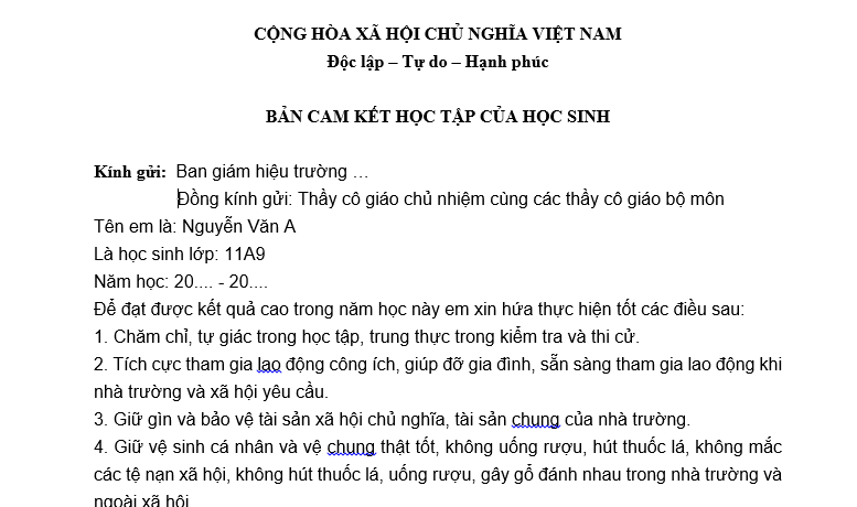 Mẫu bản cam kết về học tập của học sinh