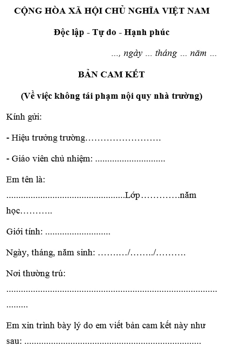 Bản cam kết không tái phạm