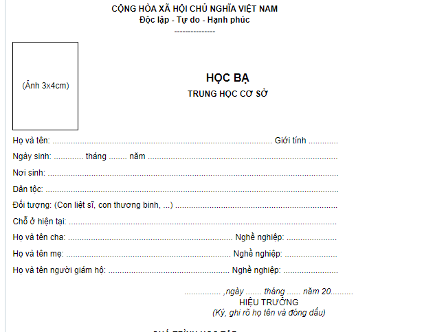 Mẫu học bạ cấp 2 áp dụng mới nhất