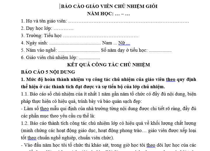 : Mẫu Báo cáo thành tích giáo viên chủ nhiệm giỏi file word mới nhất