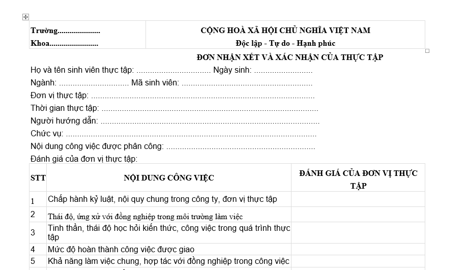  Mẫu nhận xét và xác nhận của đơn vị thực tập mới nhất (Mẫu 2)