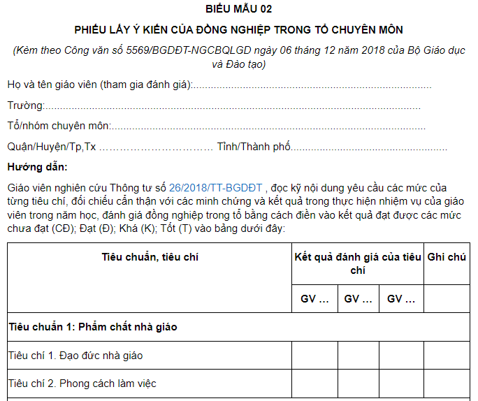 Mẫu phiếu lấy ý kiến của đồng nghiệp trong tổ chuyên môn đối với giáo viên mầm non