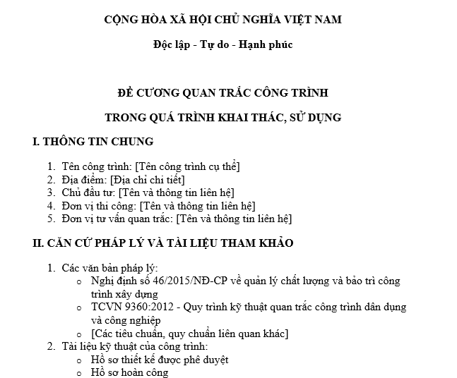 Mẫu đề cương quan trắc công trình trong quá trình khai thác sử dụng