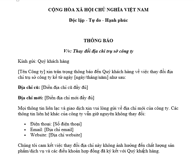  Mẫu thông báo thay đổi địa chỉ công ty gửi khách hàng