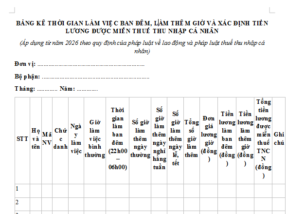 Mẫu Bảng kê thời gian làm việc ban đêm, làm thêm giờ của người lao động mới nhất 2026