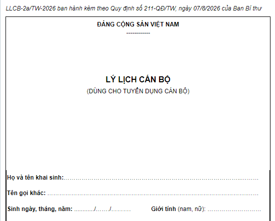 Mẫu Lý lịch cán bộ dùng cho tuyển dụng cán bộ 2026 có dạng ra sao? Tải mẫu Lý lịch cán bộ tại đâu? 