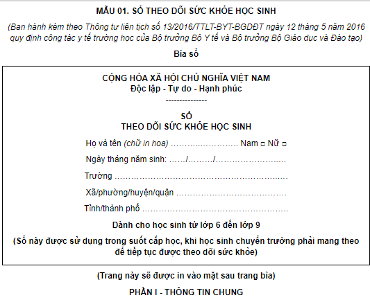 Mẫu Sổ theo dõi sức khỏe học sinh THCS từ lớp 6 đến lớp 9 2026