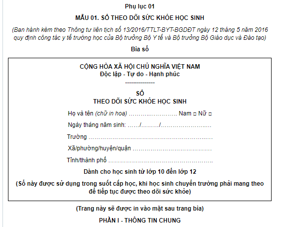 Mẫu Sổ theo dõi sức khỏe học sinh từ lớp 10 đến lớp 12 năm 2026