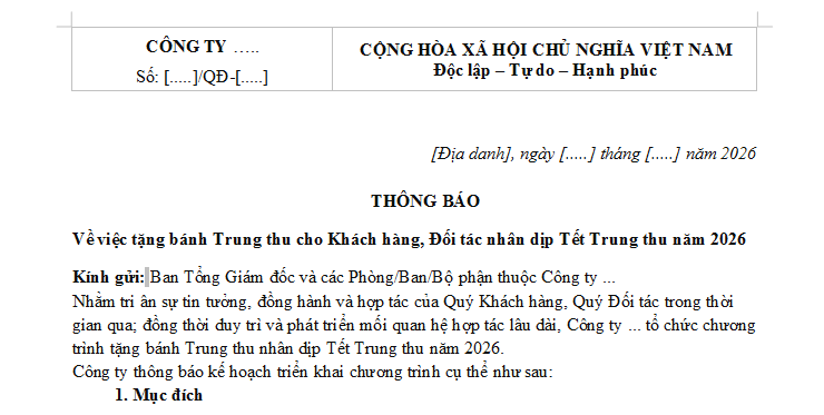 Mẫu Thông báo tặng bánh Trung thu cho khách hàng đối tác 2026
