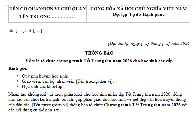 Mẫu Thông báo tổ chức chương trình Tết Trung thu 2026 cho học sinh các cấp có dạng ra sao? Tải mẫu tại đâu?
