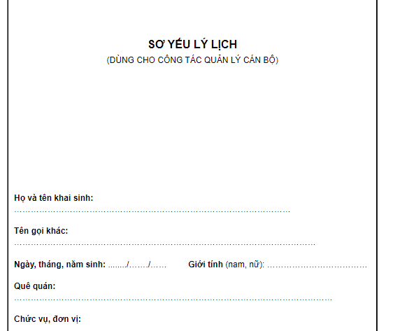 Mẫu Sơ yếu lý lịch dùng trong công tác quản lý cán bộ