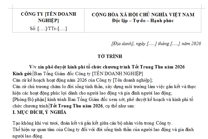 Mẫu tờ trình xin kinh phí tổ chức Tết Trung Thu 2026 dành cho doanh nghiệp (2)
