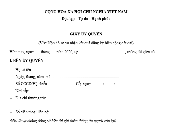 Mẫu giấy ủy quyền nộp hồ sơ và nhận kết quả đăng ký biến động đất đai 2026