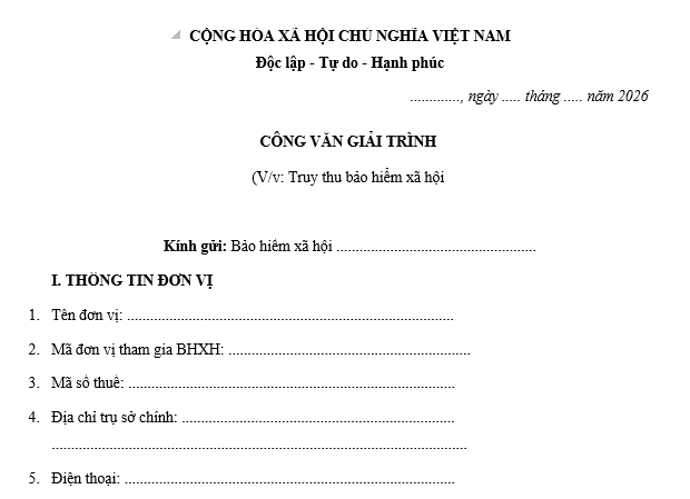 Mẫu công văn giải trình truy thu bảo hiểm xã hội bắt buộc 2026