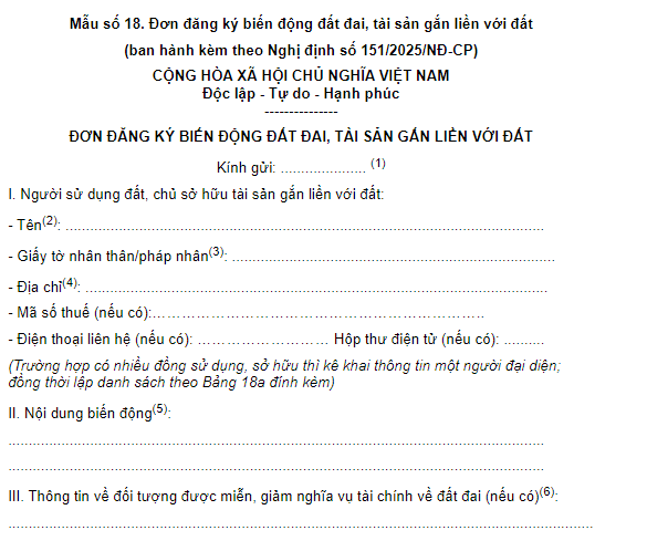 Mẫu đơn đăng ký biến động đất đai tài sản gắn liền với đất mới nhất 2026
