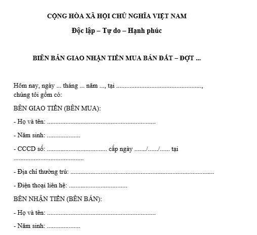Mẫu biên bản giao nhận tiền mua đất từng đợt