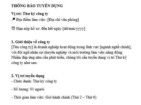 Mẫu thông báo tuyển dụng Thư ký công ty