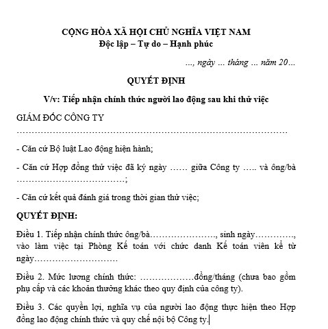  Mẫu quyết định tiếp nhận chính thức người lao động sau khi thử việc đạt yêu cầu