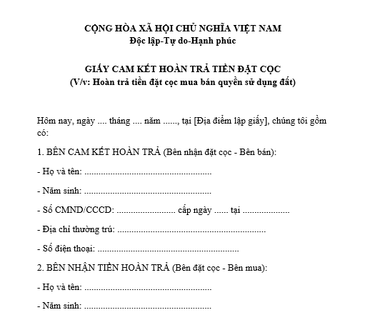 Mẫu giấy cam kết hoàn trả tiền đặt cọc mua bán đất khi bên bán không muốn tiếp tục giao dịch