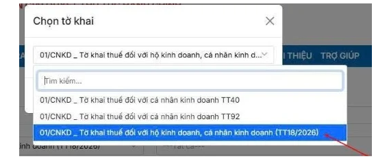 Bước 3: Chọn hình thức nộp Lựa chọn loại tờ khai 01/CNKD (TT18/2026),