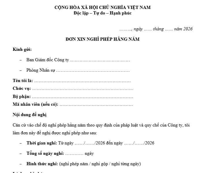 Mẫu đơn xin nghỉ phép hằng năm mới nhất 2026 dành cho người lao động? Tải đơn xin nghỉ phép hằng năm file word?