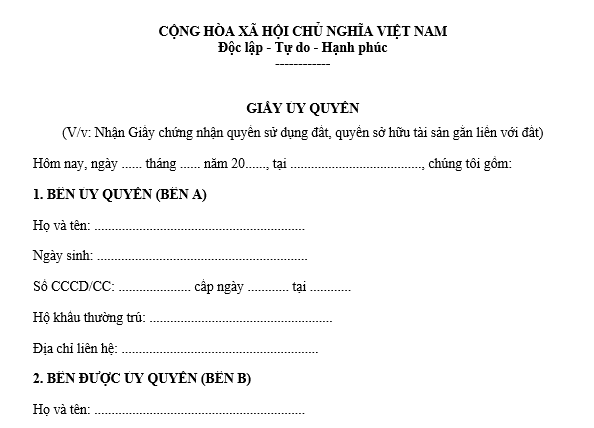 Mẫu giấy ủy quyền cho người khác đi nhận sổ đỏ thay mới nhất 2026? Tải Mẫu giấy ủy quyền nhận sổ đỏ file word? 