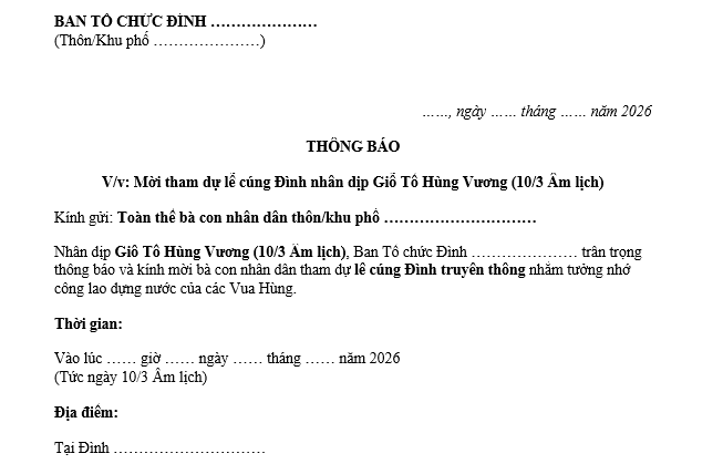 Mẫu Thông báo mời dự lễ cúng Đình Giỗ Tổ Hùng Vương 2026 mới cho người dân
