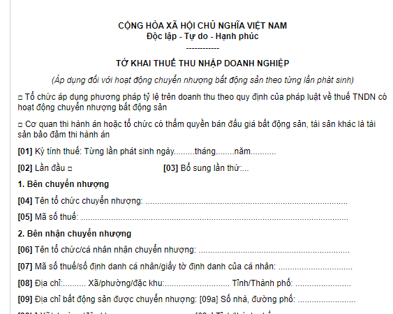 Mẫu Tờ khai thuế TNDN lần đầu áp dụng đối với hoạt động chuyển nhượng BĐS theo từng lần phát sinh 2026